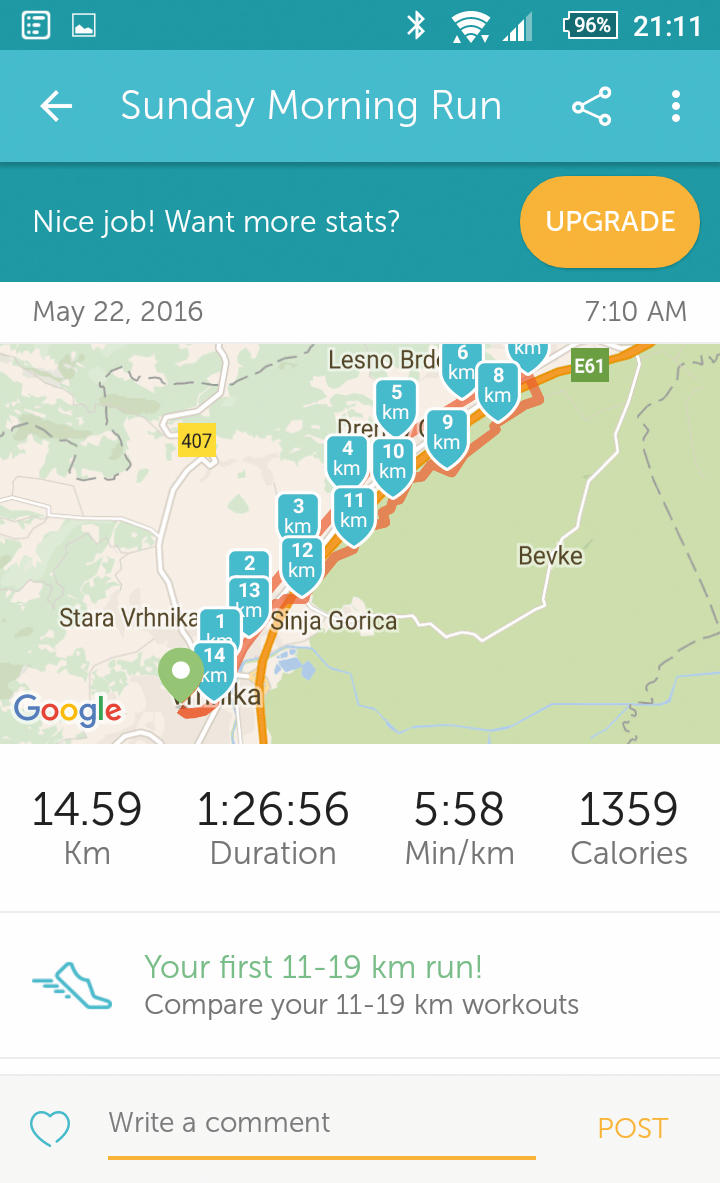 Ogled opravljenega teka v programu Runkeeper